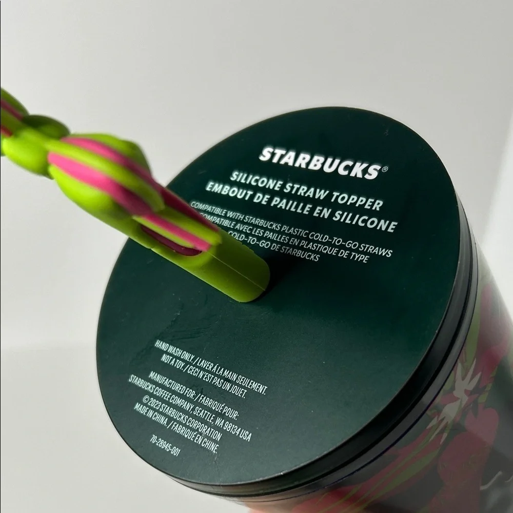 Starbucks 24oz Festive Tumbler with Green and Pink Design with Straw Topper NWT